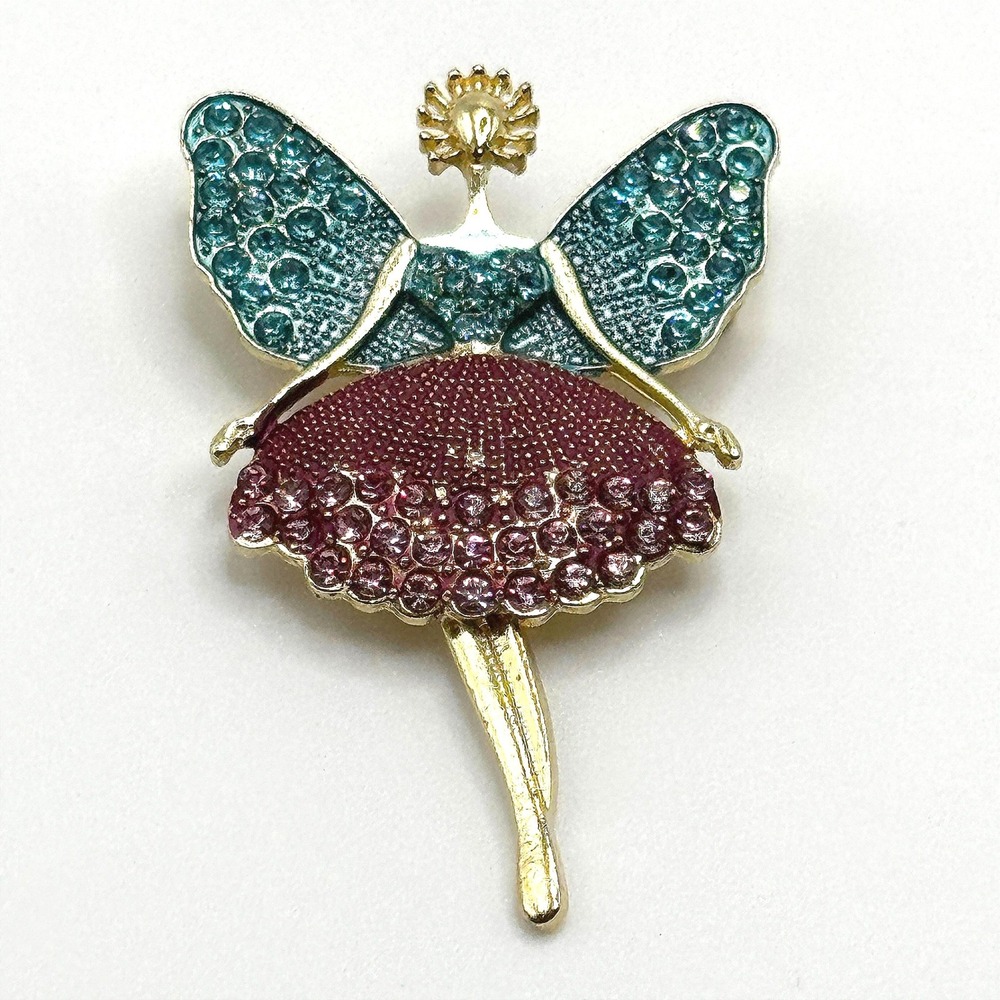 Fairy Ballerina Brooch Articulated Dangle Legs Teal Pixie Rhinestone Gold Tone